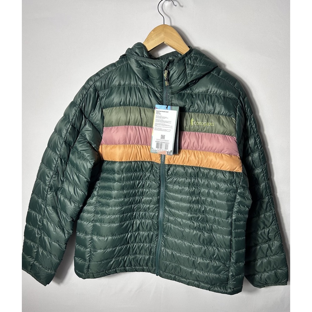 Cotopaxi Fuego Down Hooded Jacket Womens Large Green Cargo Stripes Puffer Hiking